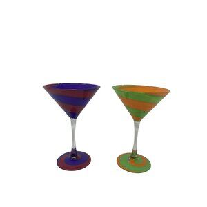 Set of 2 Detroit Glass Company Hand-Painted Swirl Martini Glasses Orange/Green a